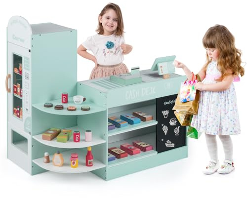 COSTWAY Épicerie Enfants en Bois avec 15 Accessoires & Distributeur Automatique, Marchande Enfants avec Caisse Enregistreuse Réaliste & Tableau Noir, Jeu d’Imitation pour 3-8 Ans (Vert Menthe)