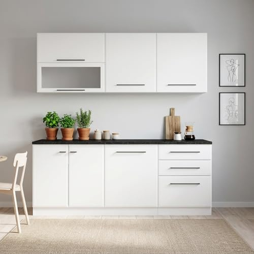 Homestyle4u Küchenzeile mit Arbeitsplatte 200cm in Weiß&Schwarz, Küchenmöbel, Geschirrspülernische, Hängeschränken, viel Stauraum ohne Elektrogeräte ideal für kleine & mittelgroße Wohnungen, 3164