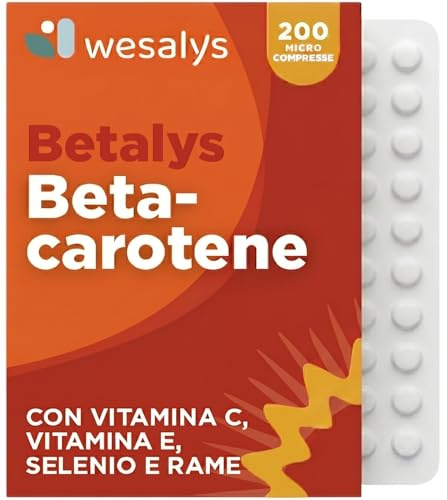 Betacarotene per Abbronzatura Forte, 200 Micro Compresse, Beta Carotene Integratore Abbronzatura con Vitamina E, C, Rame e Selenio. Attivatore Accelleratore Betalys Wesalys
