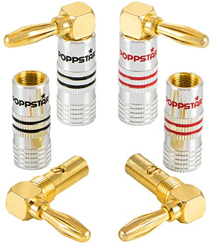Poppstar 4x High End Bananenstecker gewinkelt (bis 6 mm², 24k vergoldete Kontakte, 2x schwarz, 2x rot)