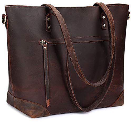 S-ZONE Vintage Genuine Leather Shoulder Bag Work Totes for Women Purse Handbag with Back Zipper Pocket Large