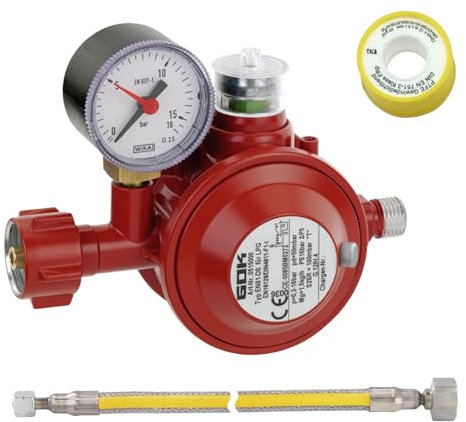 GOK Anschlussset Pro, Set aus Gasdruckminderer, Gasanschlussschlauch 1m und Abdichtungsband, für den direkten Anschluss von Geräten an die Gasflasche, Betriebsdruck:50 mbar