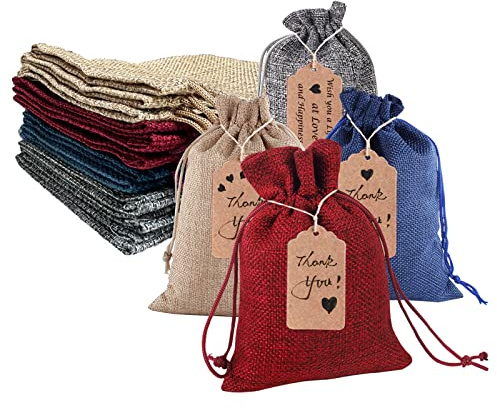 Penubuy Yute Favor Bags, 24 piezas de arpillera con etiquetas de regalo/bolsa con cordón para joyería, boda, festival, fiesta de cumpleaños (cuatro colores)