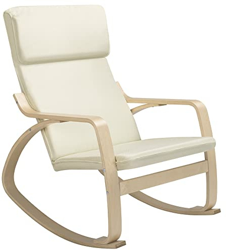 BAKAJI Sedia a Dondolo in Legno di Betulla con Rivestimento in Cotone Imbottito in Spugna Altissima Densità, Poltrona Oscillante Relax e Cuscino, Seduta Ergonomica, Carico Massimo 130kg (Beige)
