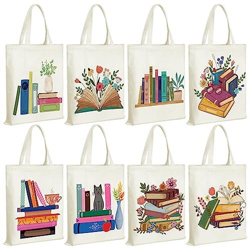 Sweetude 8 Pcs Book Lovers Club Gifts Bulk Canvas Tote Bags Bookish Librarian Reader Gift for Women Teacher(Book)