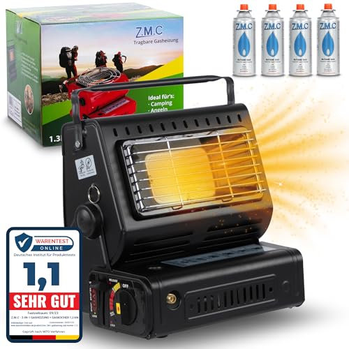 Z.M.C Chauffage à Gaz Portable en Céramique 2 en 1 1,3 kW Avec Raccord GPL + 4 Cartouches, Réchaud de Camping Avec Allumage Piézoélectrique