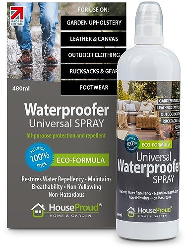 HouseProud Universal Waterproofing Spray Bottle 480ml - Alcohol Free Eco DWR Waterproof Spray for Shoes, Goretex, Bags, Clothing & Upholstery - Suitable for Fabric, Textiles, Leather & Suede
