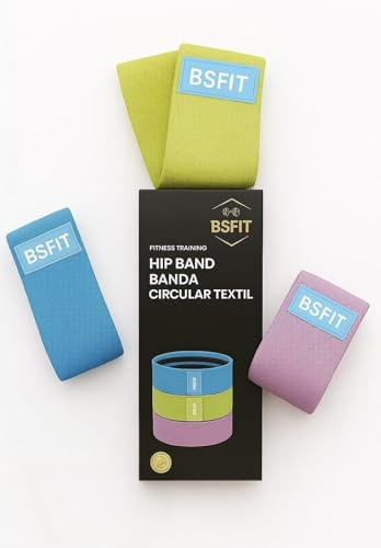 BSFIT Set de 3 Bandas Elásticas Musculación de Poliéster con Silicona Antideslizante, Bandas Fitness, Cintas Elásticas Musculación, Pilates y Yoga (Tela 35,5CM X 8CM DE Ancho)