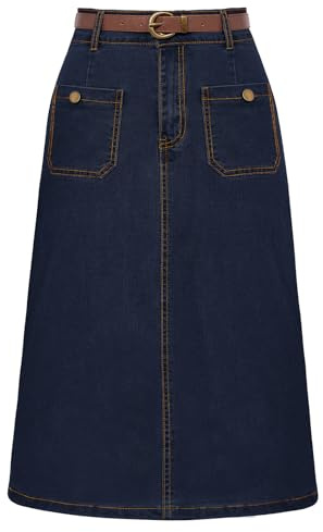 Belle Poque Dark Blue Jean Skirts for Women High Waisted Below Knee Denim Skirts M