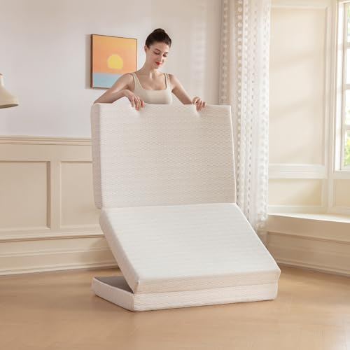 MLILY Foldable Mattress, 4 Inch Twin Tri Fold Memory Foam Mattress Topper, Floor Bed with Washable Cover for Camping, RV Travel and Guest Sleeping Mat, 75Ć38Ć4, White