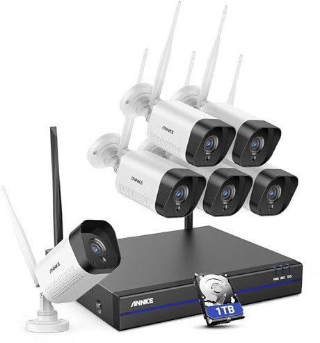 ANNKE 3MP Funk Überwachungskamera Set Aussen 10CH 5MP NVR mit 6 X 3MP Überwachungskameras Videoüberwachungs Set mit 1TB Festplatte unterstützt Audioaufzeichnung, IP66 Wetterfest, Kompatibel mit Alexa