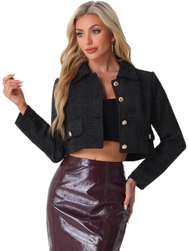 Allegra K Blazer in Tweed da Donna Giacca Corta a Maniche Lunghe Abito Corto Nero S