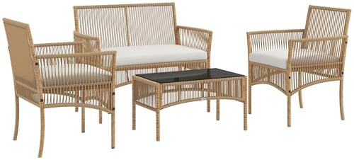 Outsunny Set da Giardino in Rattan 4 Pezzi, Set da Esterno con 2 Poltrone da Esterni, Divano da Giardino e Tavolino da Giardino, Naturale e Nero