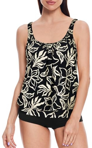 loginsummer Maillot de Bain Femme 2 Pieces, Ensembles de Tankini pour Femme Grande Taille, Tankini Taille Haute avec Short de Garçon, Maillot de Bain Gainant Le Ventre（Fleur d'or,EU42）