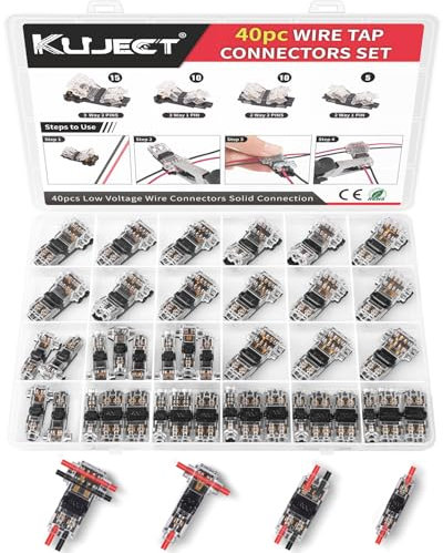 Kuject 40pcs Wire Tap Connectors Kit for 24-20 AWG, Quick Solderless No-Stripping T Tap Low Voltage Wire Connector, 3-Way 2-Pins 2-Way 1-Pin Splice Terminals for Automotive and LED Strip