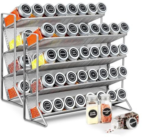 CROWNSHOP 2PC 4-Tier Spice Rack Free Standing Counter Spice Organiser Metal Seasoning Bottle Organizer for Kitchen Countertop Cupboard (Silver)