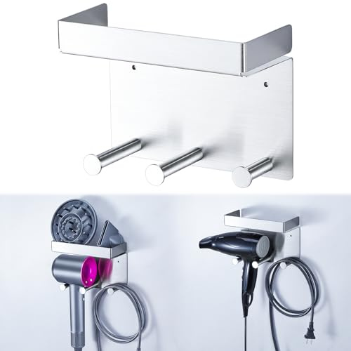 XILIMOR Soporte secador de Pelo, Porta secador pelo pared adhesivo, Soporte de pared para secadores de pelo y accesorios acero inoxidable, Porta secador de pelo para baño, Plata