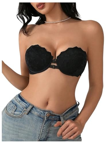 GORGLITTER Women's Strapless Front Fastening Bandeau Bras Underwire Push Up Sexy Lace Bra for Tube Dress Black Small
