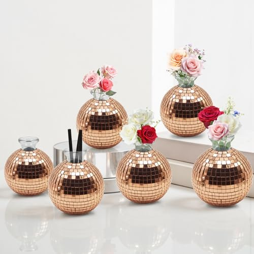 Decorazione a Forma di Vaso con Sfera da Discoteca: Vaso di Fiori per Centrotavola - Decorazione a Forma di Sfera a Specchio Vasi di Fiori per Tavolo Festa Matrimonio Decorazione per la Casa (Red)