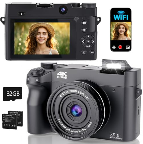 Appareil Photo Numérique, 4K 75MP Digital Camera avec WiFi, Zoom Numérique 18X, LCD Écran 3'' Selfie Camera de Vlog avec Carte 32GB, Appareil Photo Compact pour Adolescents Débutants (Noir)