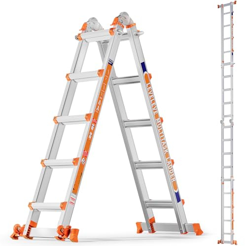 LEVELEVE A Frame 5 Step Ladder, 17FT Extension Ladder with Stabilizer Bar & Wheels,330 lbs Security Load Multi Position Ladder for Stairs Home Indoor Outdoor Roof