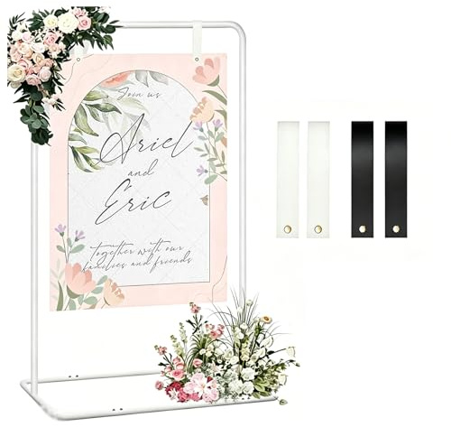 Porta cartello di benvenuto per matrimonio, 80 x 50 x 173 cm, cartello di benvenuto per matrimonio, con 4 cinghie in pelle nera, supporto per matrimoni, poster, piano di seduta, ricevimenti (bianco)