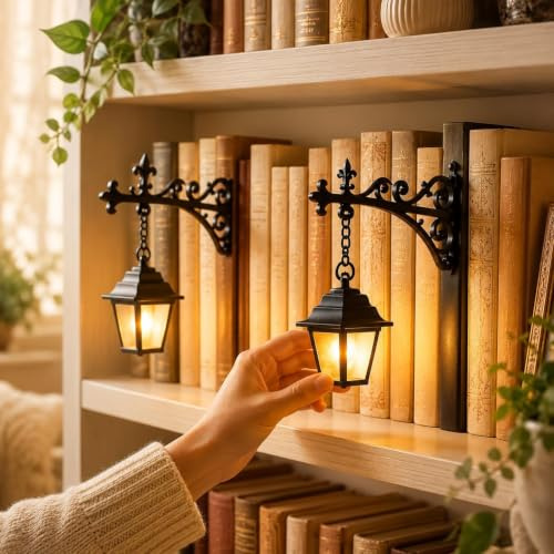 Siebkorb Linterna de biblioteca, iluminación decorativa para estanterías, lámpara de rincón de libros de fantasía vintage, luz de lectura mágica para ratones de biblioteca, decoración de estante