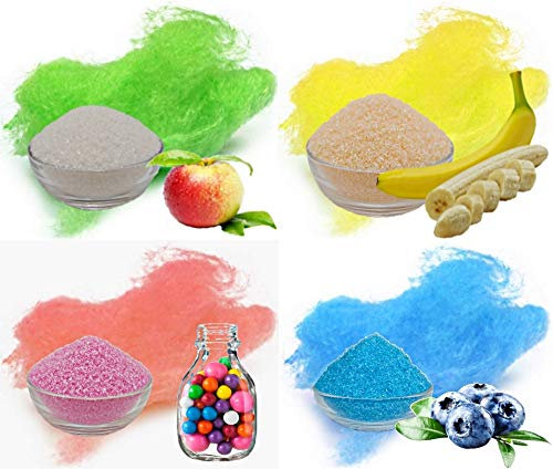 4x 250g = 1 Kg Aromazucker Set mit Geschmack Apfel Banane Bubble Gum Blaubeere farbiger Zucker für Zuckerwatte