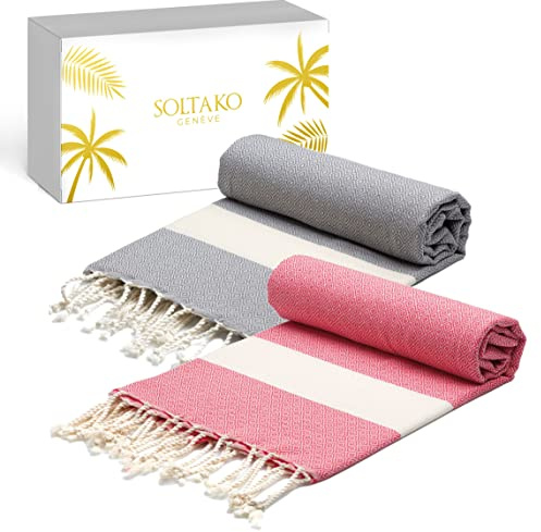 Soltako Lot de 2 foutas/serviettes de plage/toilette/sauna/bain/hammam/pestemals/yoga Grande taille XXL 100 x 200 cm