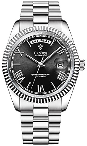 CADISEN Automatik Uhr Herren MIYOTA 8285 Mechanische Automatikuhr Saphirglas Und Edelstahlarmband Uhr (Schwarz)