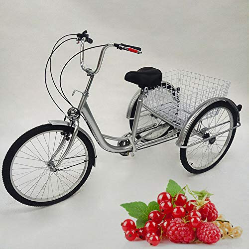 Futchoy 24 inch adult tricycle 6 speed tricycle for adults seniors carbon steel frame + light basket (Red)