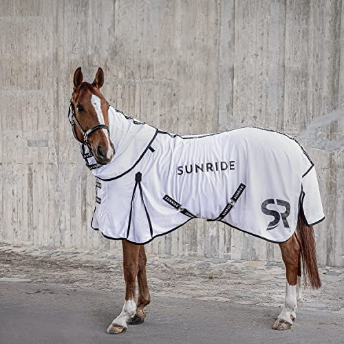 SUNRIDE Fliegendecke für Pferde (Miami) - mit abnehmbarem Halsteil - Klassische Gehfalte - mit UV-Schutz - atmungsaktiv - verstellbare Bauchgurte und Beingurte - weiß (145 cm)