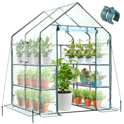 Ohuhu Serre de Jardin Serre Tomates de Jardin Exterieur Tente en Plastique 3 Niveaux avec 12 Étagères pour Légumes Plantes Fleurs, Bâche Renforcée en PVC Solide & Facile à Monter 143x143x195 cm