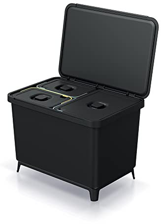 Mülleimer 3er Set 1x 23L + 2x 10L Müllbehälter Abfalleimer 43L Mülltrennsystem Müllsammler Set Einsätze Mülltrenner 56,5 x 39 x 41 cm (Schwarz)