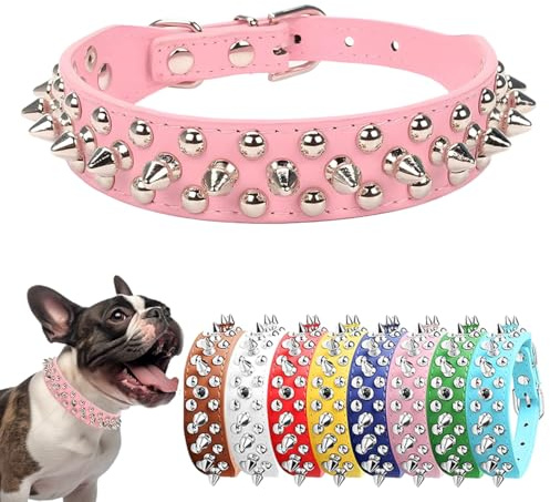 Taggade hundhalsband, nackrem läder punk nit valphalsband dubbad hållbar justerbar för små medelstora hundar rosa XXS