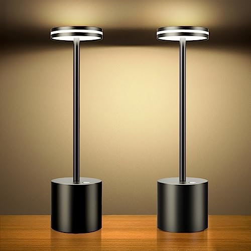 Hapfish 2 Stück LED Akku Tischlampe Kabellos, 5000mAh Moderne Dimmbar Tischleuchte, Aluminium, 3 Farbtemperatur, Tischlampen Aufladbar für Indoor Outdoor Nachttisch Esstisch Bar Terrasse (Schwarz)