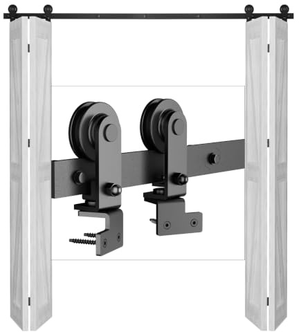 274 cm/9 fot dubbelvikt skjutdörrsbeslag skjutdörrar skjutdörrsystem komplett set löpskena hjul set svart för 4 trädörr 67 cm toppmonterat t-hjul