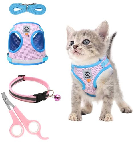 TYXHXTF Katzengeschirr mit Leine Set, Katzenleine Ausbruchsicher Verstellbar, Katzen Weste mit Reflektierenden Streifen, mit Katzenhalsband (XS, Rosa)