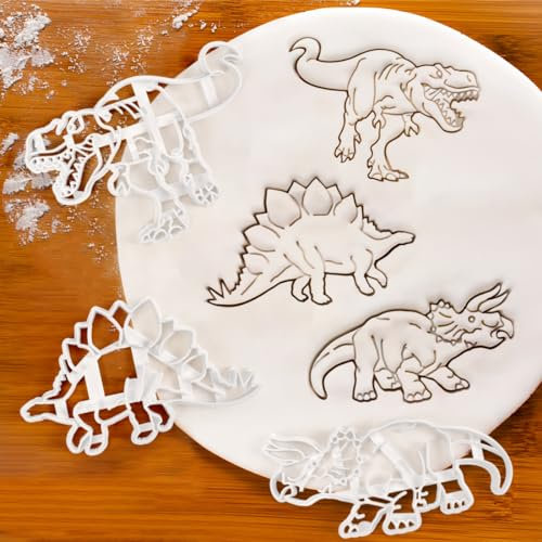 Bluelves Dinosaurier Ausstecher, 3 Stück Dino Keksausstecher,3D Dinosaurier Ausstechformen Set，DIY Fondant Plätzchenausstecher Keksschneider Set, Keksstempel für Kinder Geburtstag Dino Party Deko