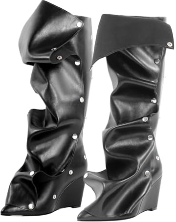 pinokino Wedge Heel Shark Boots for Women Knee High Foldover Ruched Scrunch Stiletto Heel Snap Buttons Pull on Slouchy Boots Denim Black Size 8
