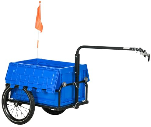 HOMCOM Bike Trailer, Bicycle Cargo Trailer Wagon Cart with 65L Foldable Storage Box, Pneumatic Tyres and Safe Reflectors, Max Load 40KG, Blue