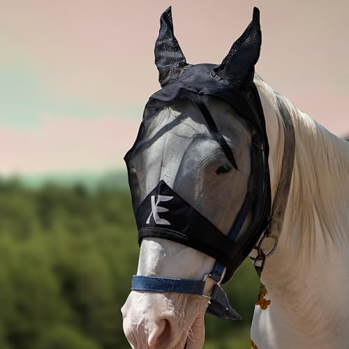 XE Máscara contra Moscas de Caballo con Orejas – Máscara de Caballo de Malla Transpirable para Cara Completa y Nariz para Protección UV y Mosca, Máscara Caballo (Half Black Mask, Pony (S))