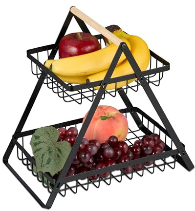 Relaxdays Fruit Basket Etagere 2-Tier, Removable Metal Bowls, Modern, for Bread and Vegetables, 28 x 29 x 18.5 cm, Black, Iron
