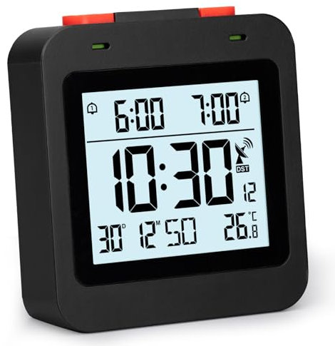 VINILITE Funkwecker Digital mit Temperaturanzeige, Mehreren Weckzeiten, Funkuhr Digital Reisewecker Klein, Wecker Batteriebetrieben, Schwarz