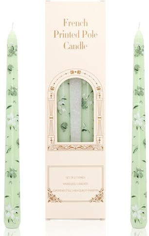 Dinner Candles, 10'' Prints Tapered Candles Party Decor, Non Drip Long Non Scented for Candlesticks Table Dinner Valentine's Day Home Afternoon Tea Decoration 2PCS (Light Green)