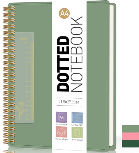 PYNEX Quaderno A4 puntinato, quaderno a spirale, 300 fogli/150 pagine per scrivere, 100 g/m², con segnalibro, righello, scomparto interno e spessore 21,5 x 27,9 cm, verde salvia