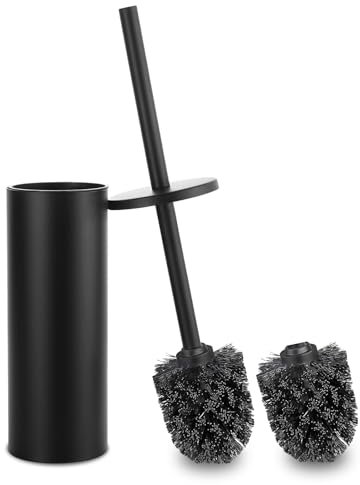 Escobillas de Baño Acero Inoxidable, Escobilla WC con 2 Cabezales, Contiene Cubeta Interior, Escobilla Baño con Mango y Base de Acero Inoxidable