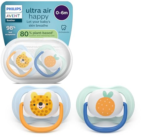 Philips Avent ultra air Schnuller – kiefergerecht geformtes Design, für Babys, 0–6 Monate, weicher, symmetrischer Silikonsauger, BPA-frei, mit Sterilisationsbehälter, 2er-Pack, SCF080/23