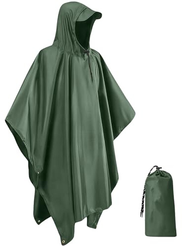 IBOPUXIU Vattentät regnponcho, lätt, återanvändbar och andningsbar poncho med huva för camping, vandring, cykling och fiske, unisex, Färg: grön, One size