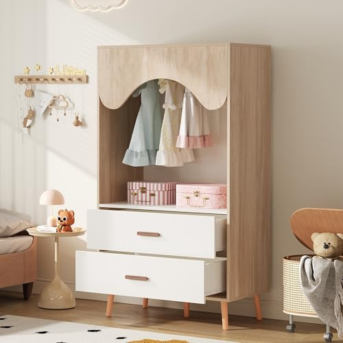 Moimhear Armadio per bambini, armadio con asta, bianco+colore legno naturale, con cassetti, armadio aperto, maniglie in legno massiccio, truciolato (stile 2)